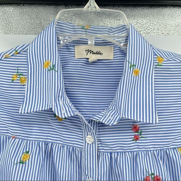 Maddie Girl’s Striped Floral Embroidered Button Front Short Sleeve Shirt XL - Picture 7 of 13